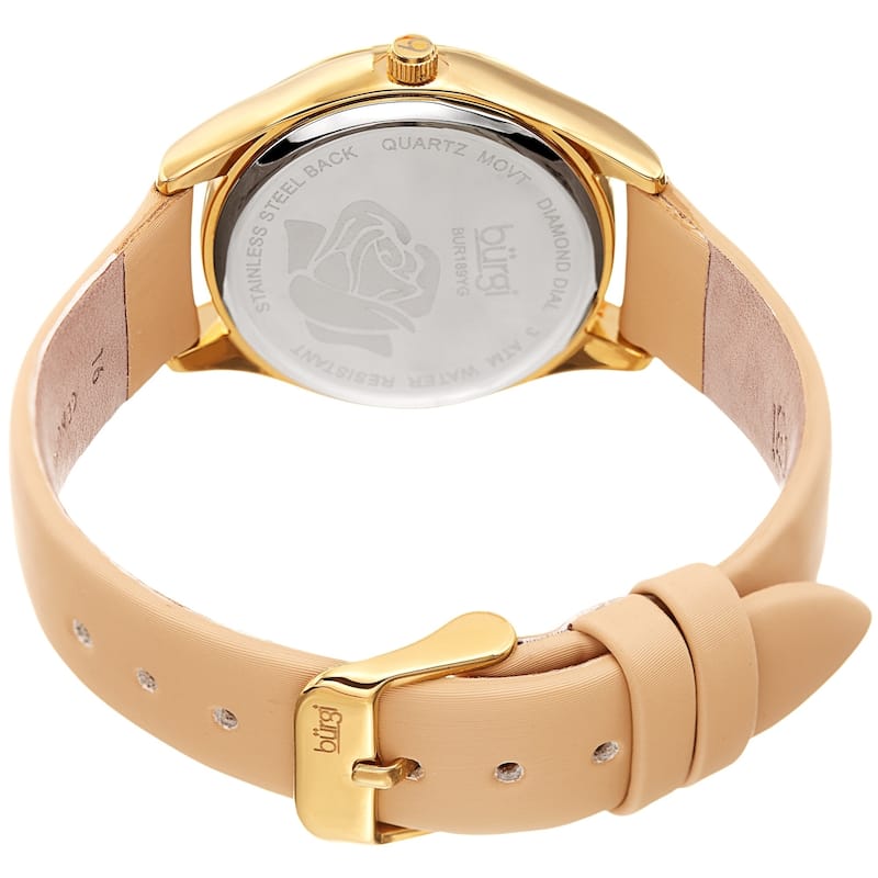 Burgi Ladies Diamond Glitter Rose Floral Beige Leather Strap Watch
