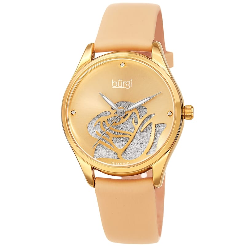 Burgi Ladies Diamond Glitter Rose Floral Beige Leather Strap Watch