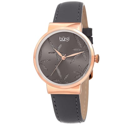 Burgi Ladies Sparkling Floral Grey Leather Strap Watch