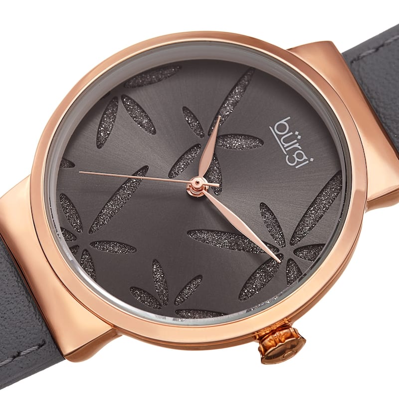 Burgi Ladies Sparkling Floral Grey Leather Strap Watch
