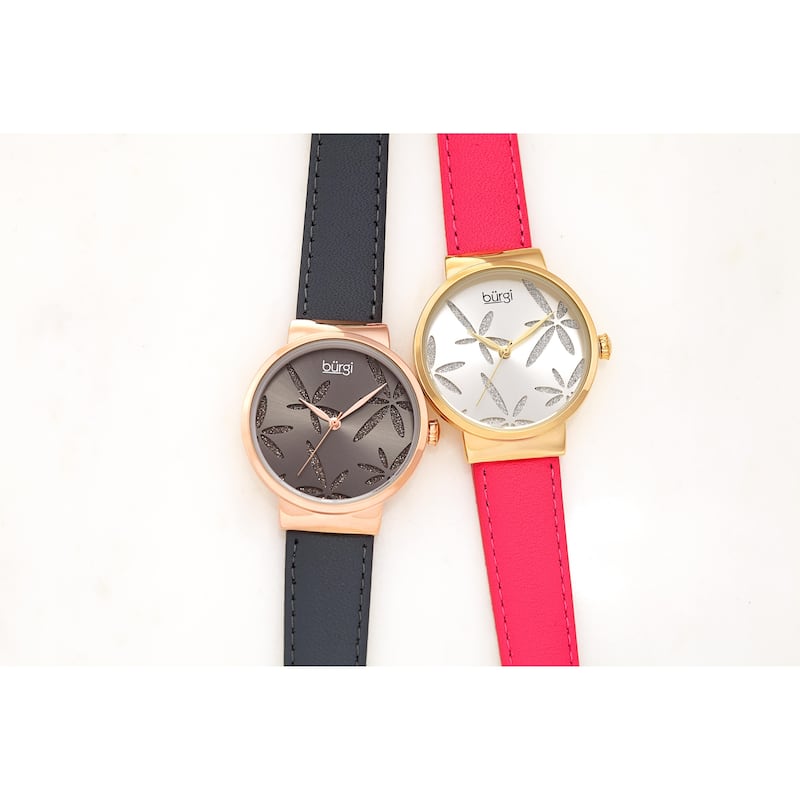 Burgi Ladies Sparkling Floral Grey Leather Strap Watch