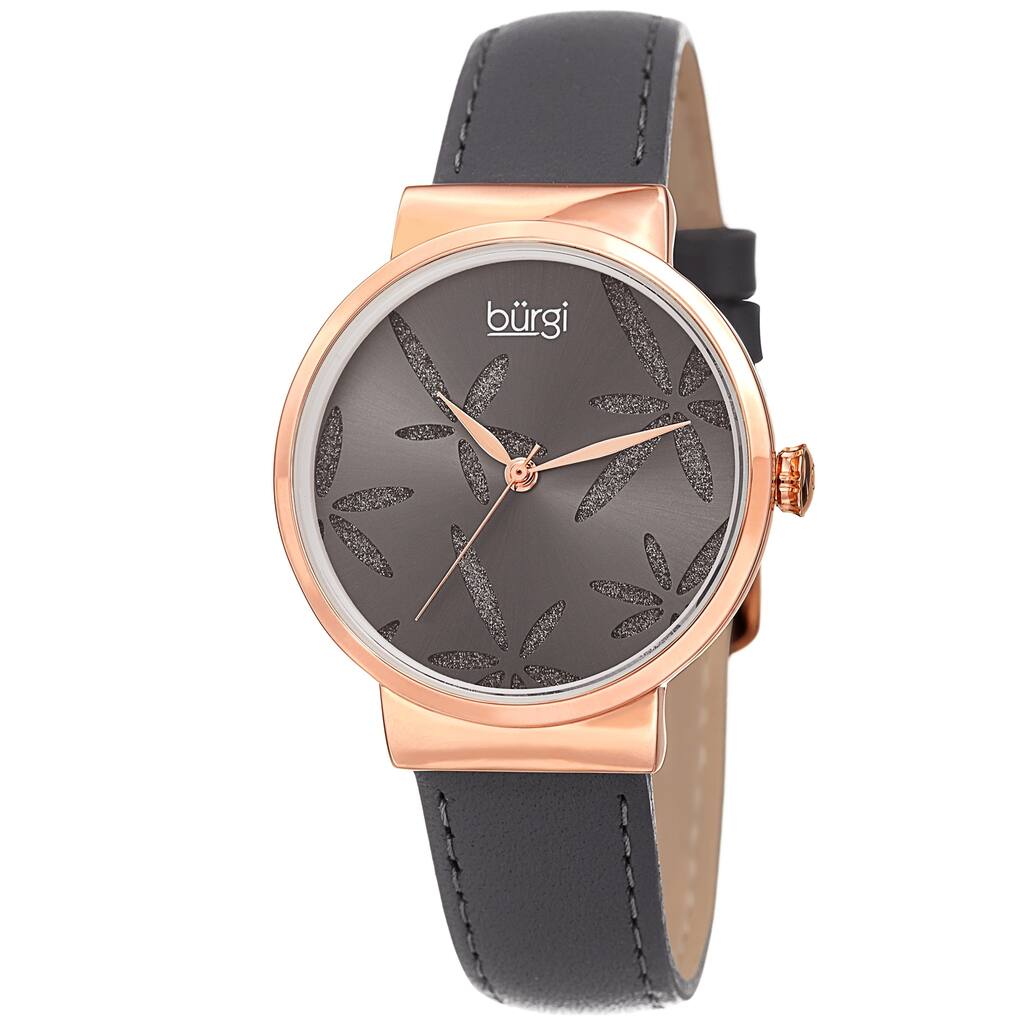 Burgi Ladies Sparkling Floral Grey Leather Strap Watch