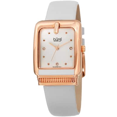 Burgi Ladies Diamond Buckle Case White Leather Strap Watch