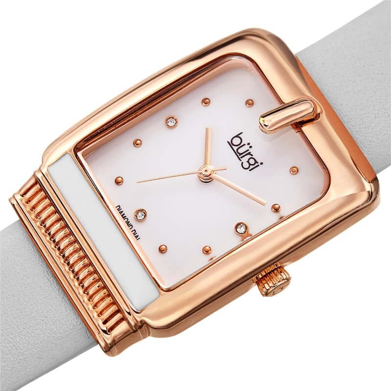 Burgi Ladies Diamond Buckle Case White Leather Strap Watch