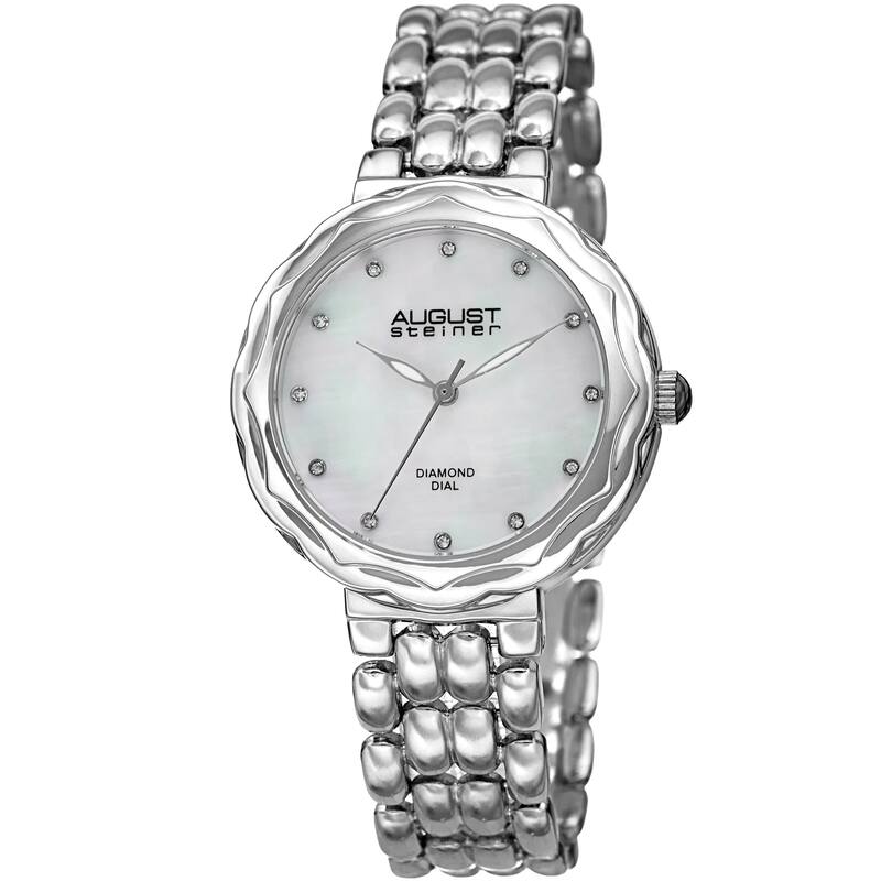 August Steiner Ladies Diamond Mother of Pearl Silver-tone Bracelet Watch