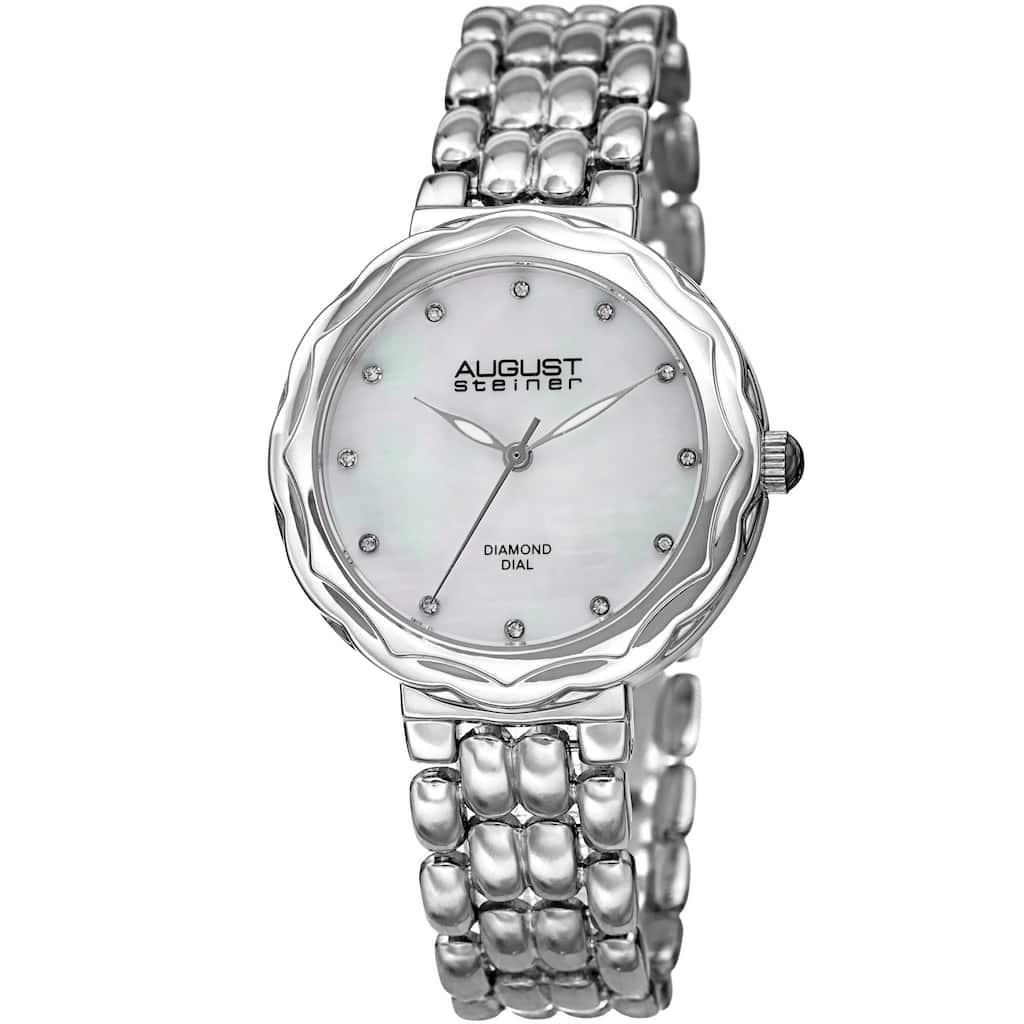 August Steiner Ladies Diamond Mother of Pearl Silver-tone Bracelet Watch