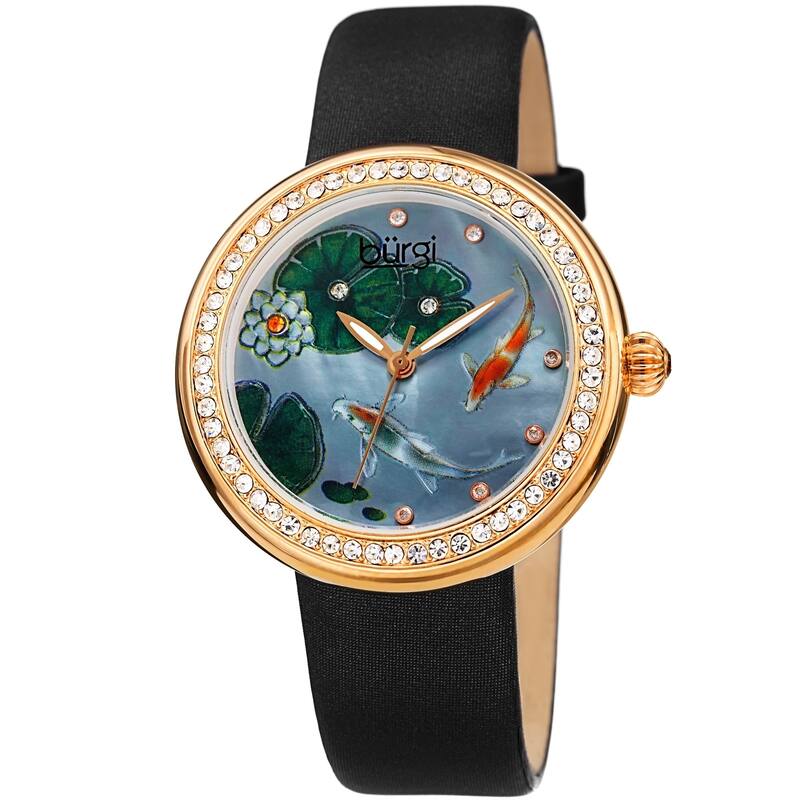 Burgi Ladies Koi Pond Crystal Black Leather Strap Watch