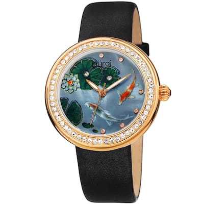 Burgi Ladies Koi Pond Crystal Black Leather Strap Watch
