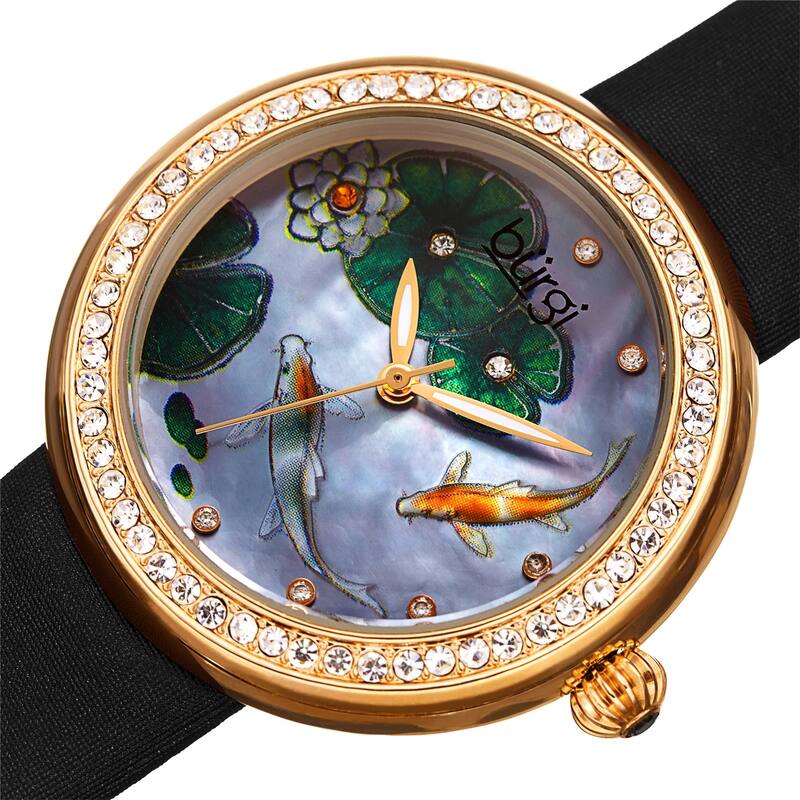 Burgi Ladies Koi Pond Crystal Black Leather Strap Watch