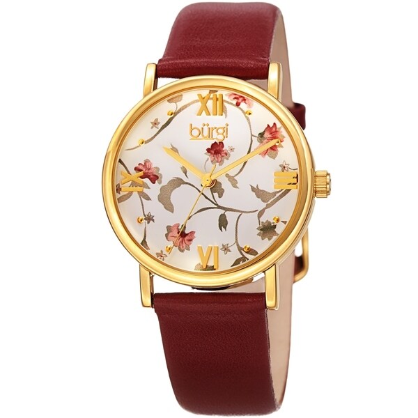 Shop Burgi Ladies Floral Autumn Red Wine Leather Strap Watch On Sale Free Shipping On Orders