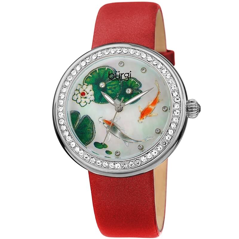 Burgi Ladies Koi Pond Crystal Red Leather Strap Watch