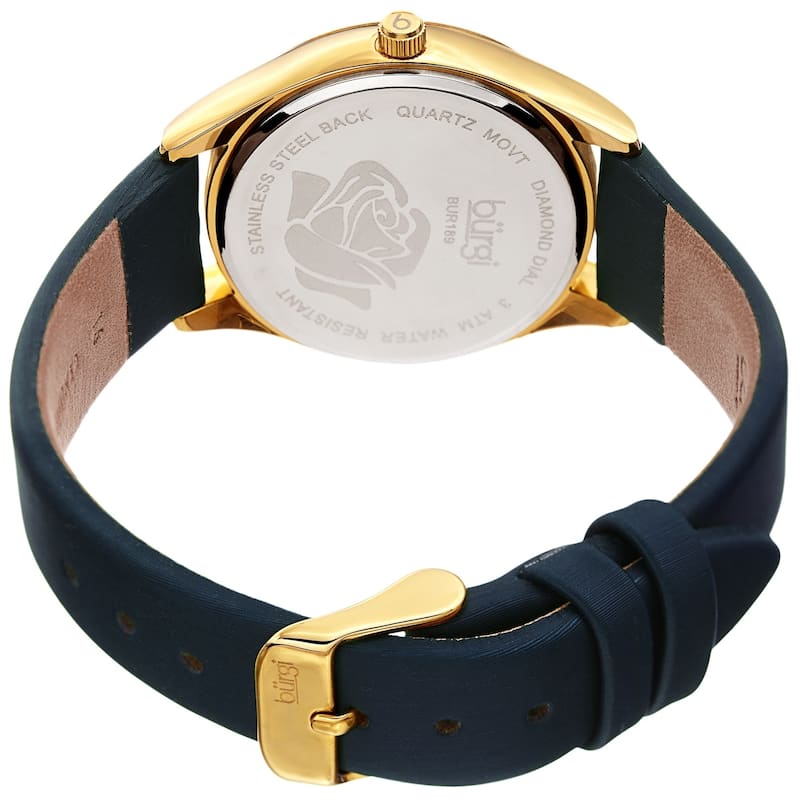 Burgi Ladies Diamond Glitter Rose Floral Blue Leather Strap Watch