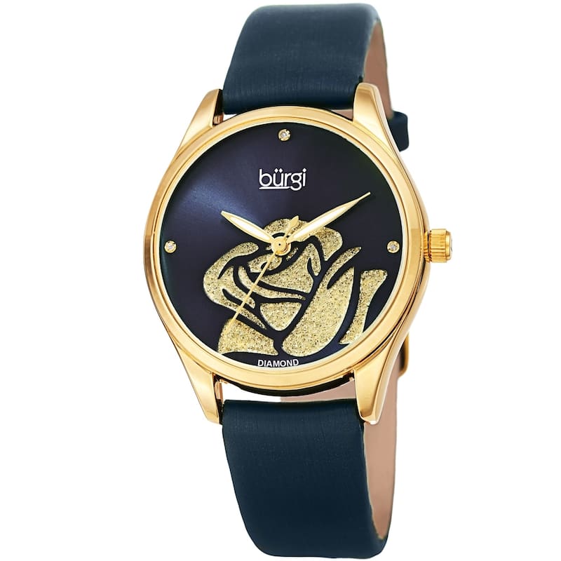 Burgi Ladies Diamond Glitter Rose Floral Blue Leather Strap Watch