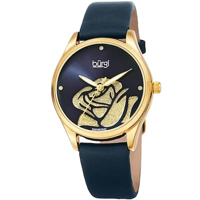 Burgi Ladies Diamond Glitter Rose Floral Blue Leather Strap Watch