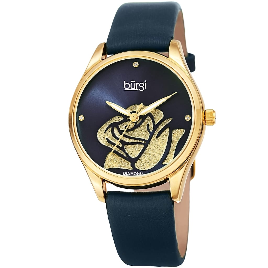 Burgi Ladies Diamond Glitter Rose Floral Blue Leather Strap Watch