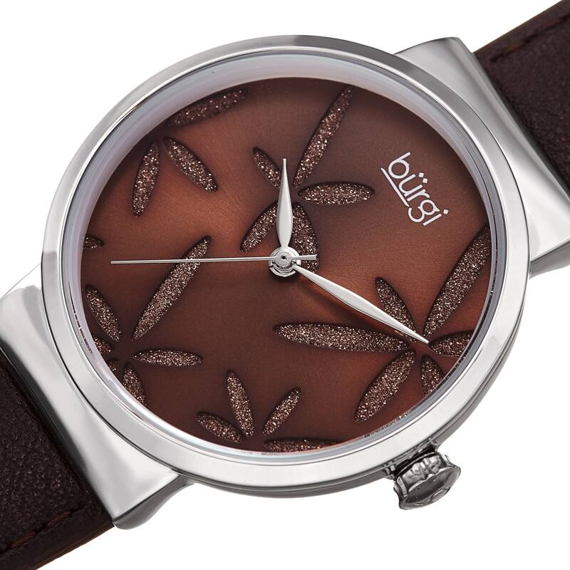 Burgi Ladies Sparkling Floral Brown Leather Strap Watch