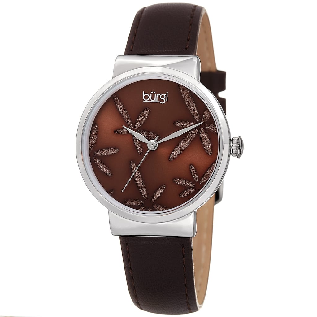 Burgi Ladies Sparkling Floral Brown Leather Strap Watch