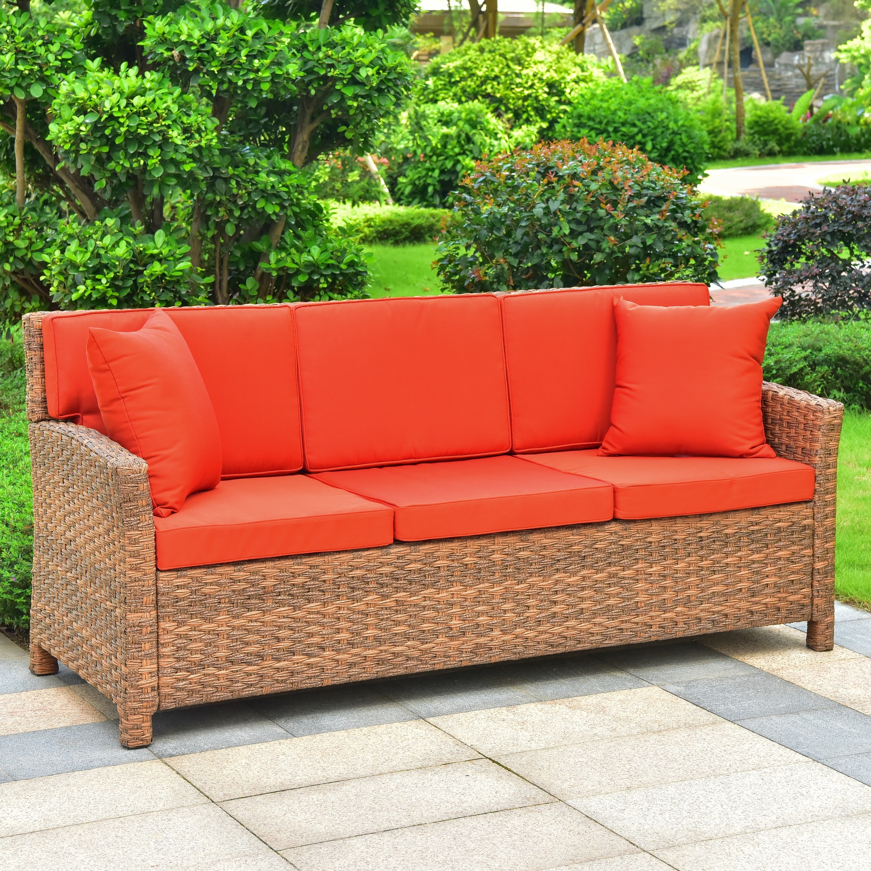 International Caravan Pandan Resin Wicker Outdoor Sofa With Cushions