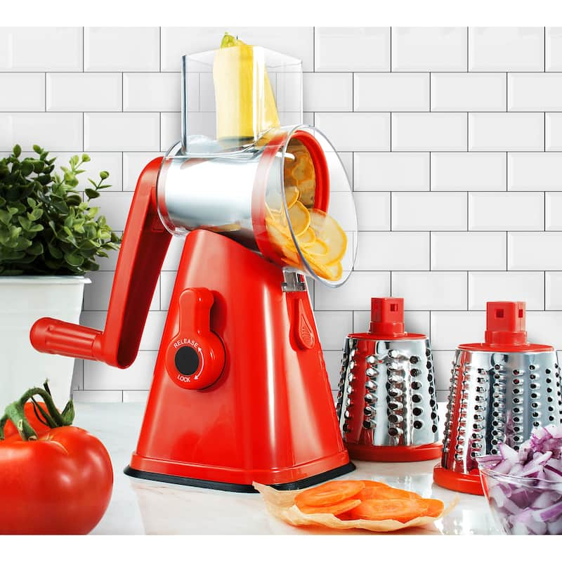 Nutrislicer 3-in 1 Kitchen Countertop Rotary Cheese Grater with Handle & Suction - Red