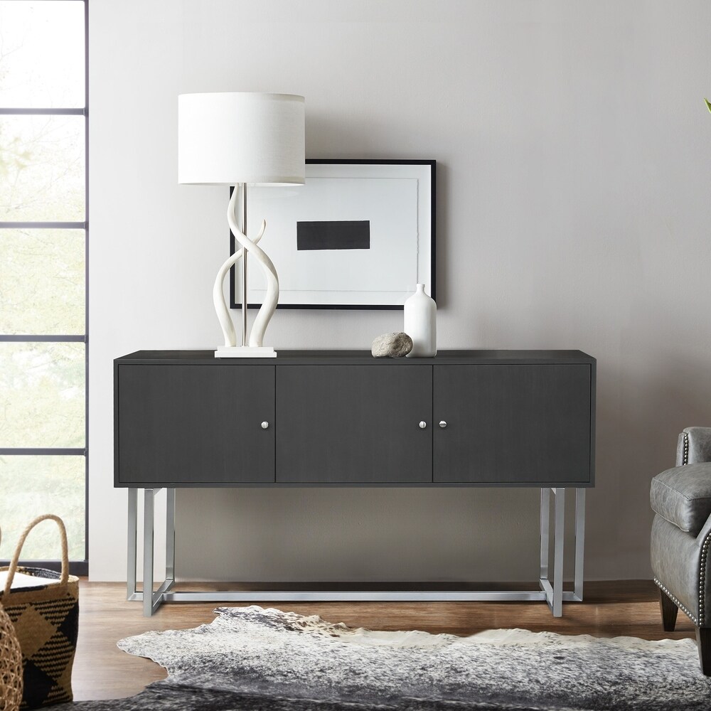 Armen Living  Prague Contemporary Buffet in Brushed Stainless Steel Finish and Gray Wood