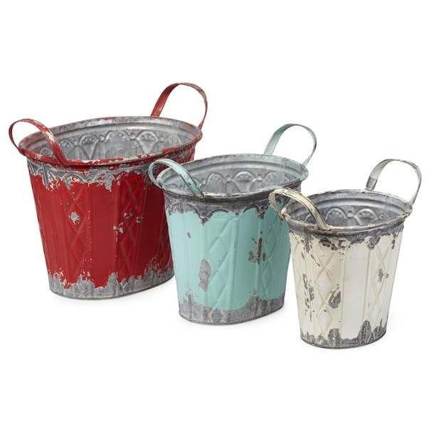 Distressed Style Galvanized Sheet Oval Planters, Multicolor (Set of 3)