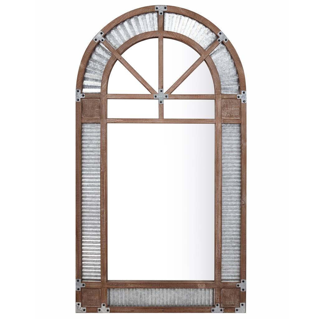 Imposing Galvanized Sheet, Mirror & Fir Wood Arched Mirror, Brown