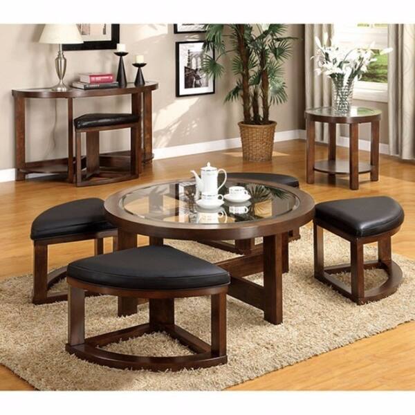 Gracious Round Wooden Coffee Table With Stylish Wedge Shaped 4 Ottomans Gracious Round Wooden Coffee Table With Stylish Wedge Shaped 4 Ottomans