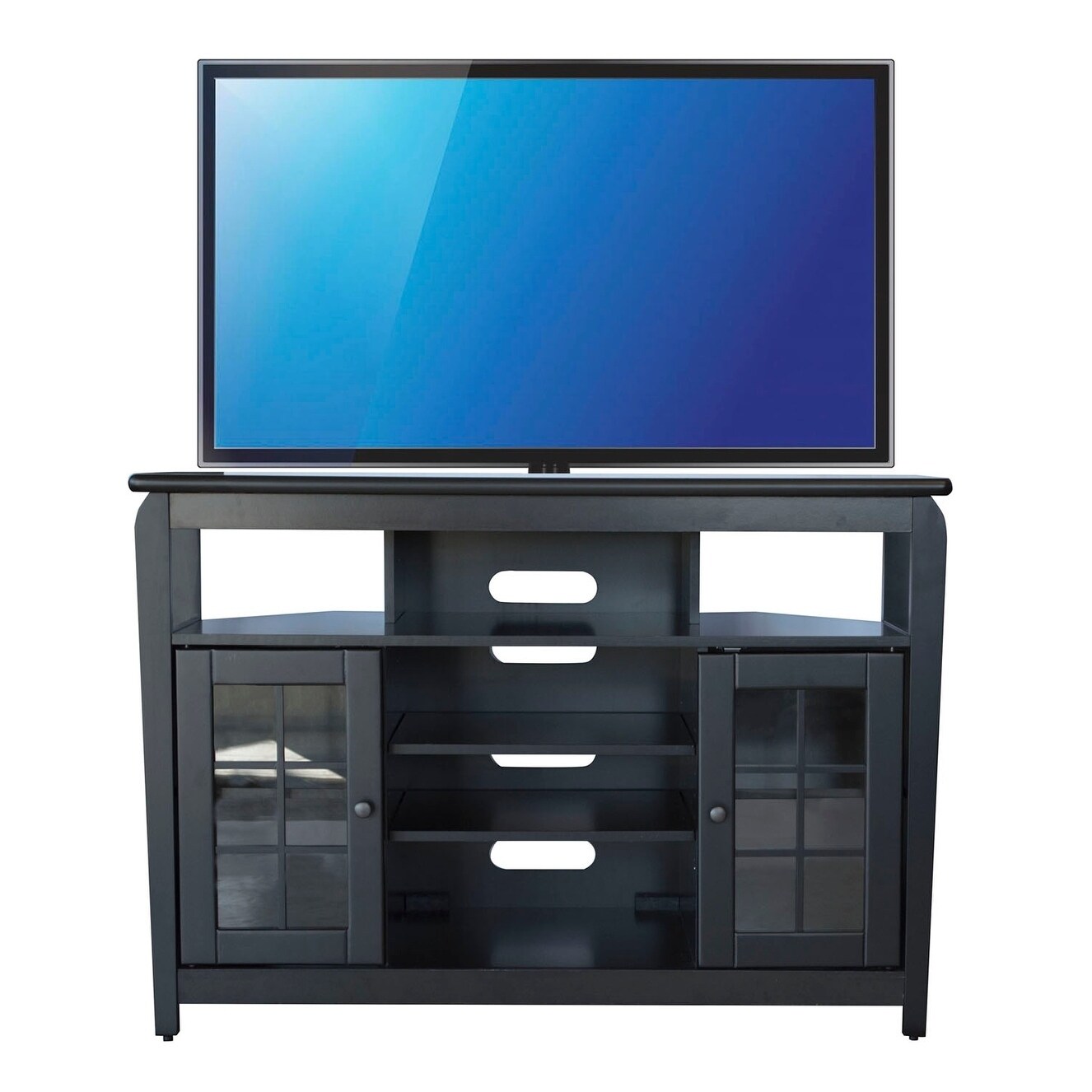 Offex 46 W Corner Tv Stand With 2 Cabinet And Glass Door Black