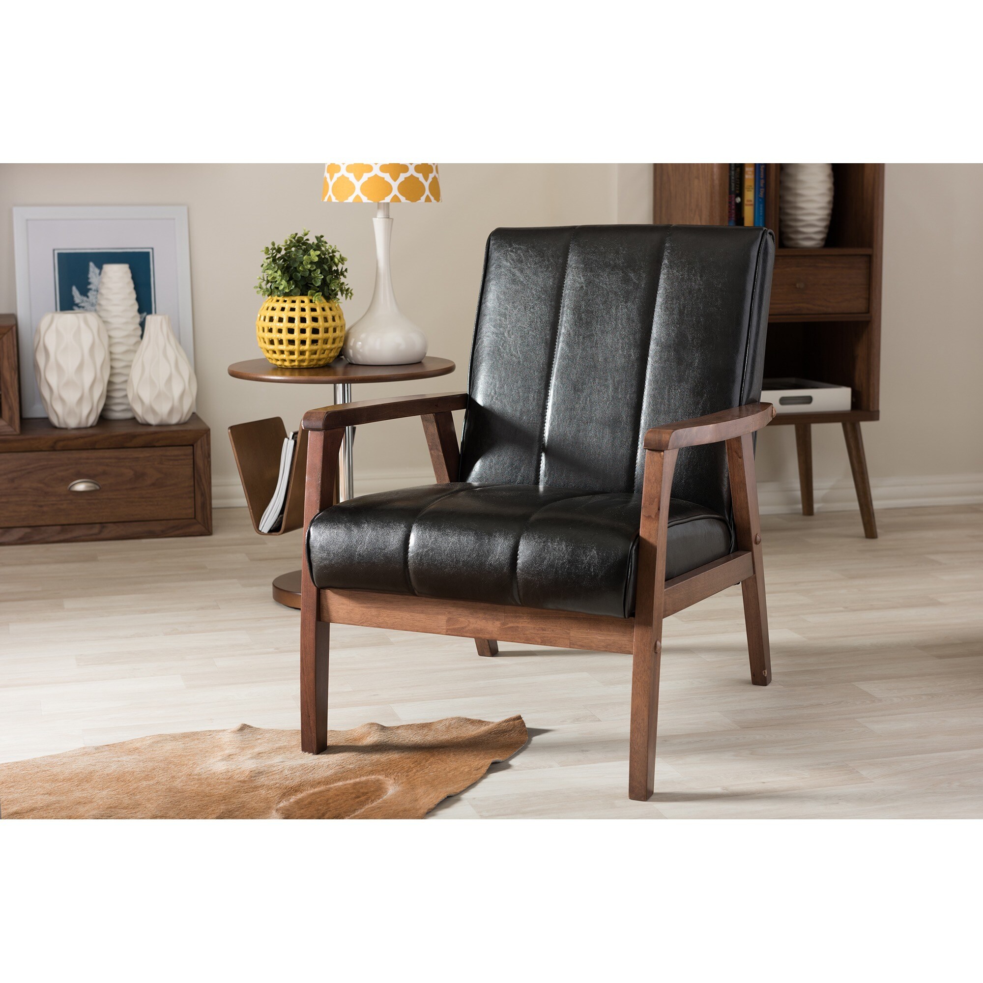 Baxton Studio Nikko Mid Century Modern Scandinavian Style Black Faux Leather Wooden Lounge Chair As Is Item Overstock 21468137