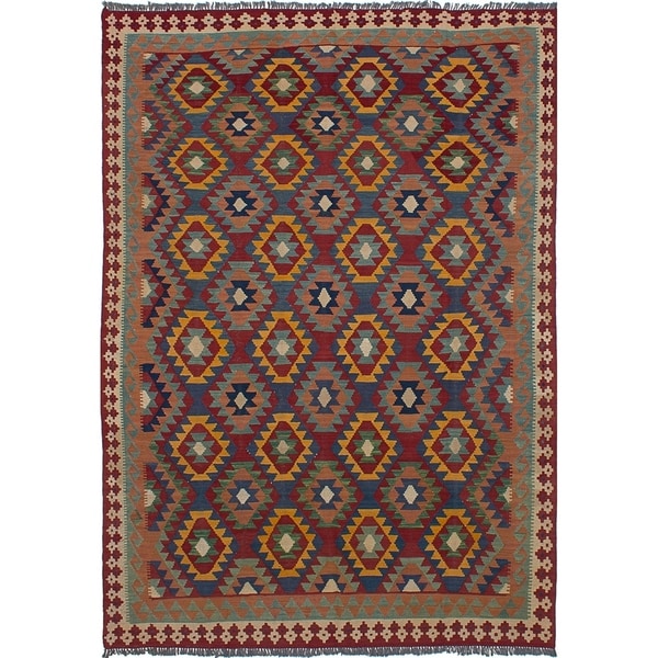 eCarpetGallery Flat-weave Sivas Dark Blue, Dark Red Wool Kilim - 6'8 x 9'8