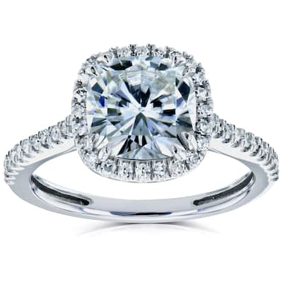 Kobelli 2.2 Carats Moissanite & Natural Diamond 14k Solid Gold Raised Cushion Halo Half Eternity Capri Engagement Ring