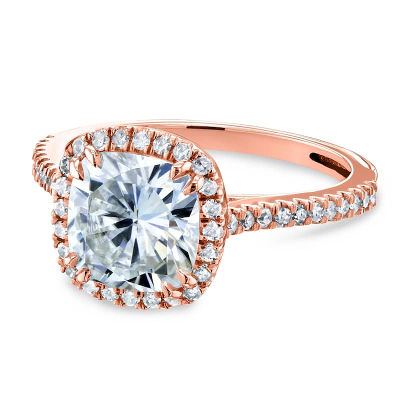 Kobelli 2.2 Carats Moissanite & Natural Diamond 14k Solid Gold Raised Cushion Halo Half Eternity Capri Engagement Ring