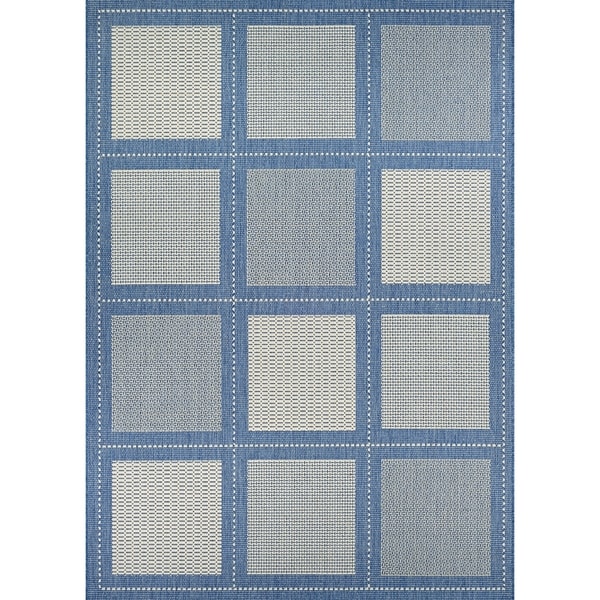 Pergola Checkers Champagne-Blue Indoor/Outdoor Area Rug - 2' x 3'7"