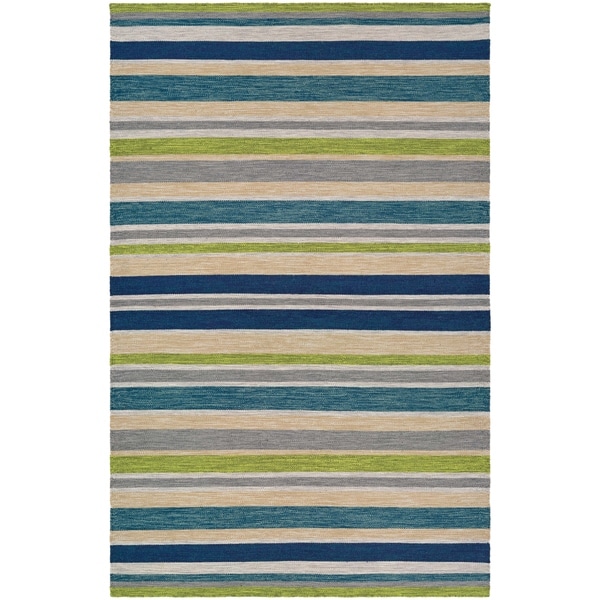 Hand-Woven Villa Stripes Teal-Blue-Multi Indoor/Outdoor Runner Rug - 2'3" x 8' Runner