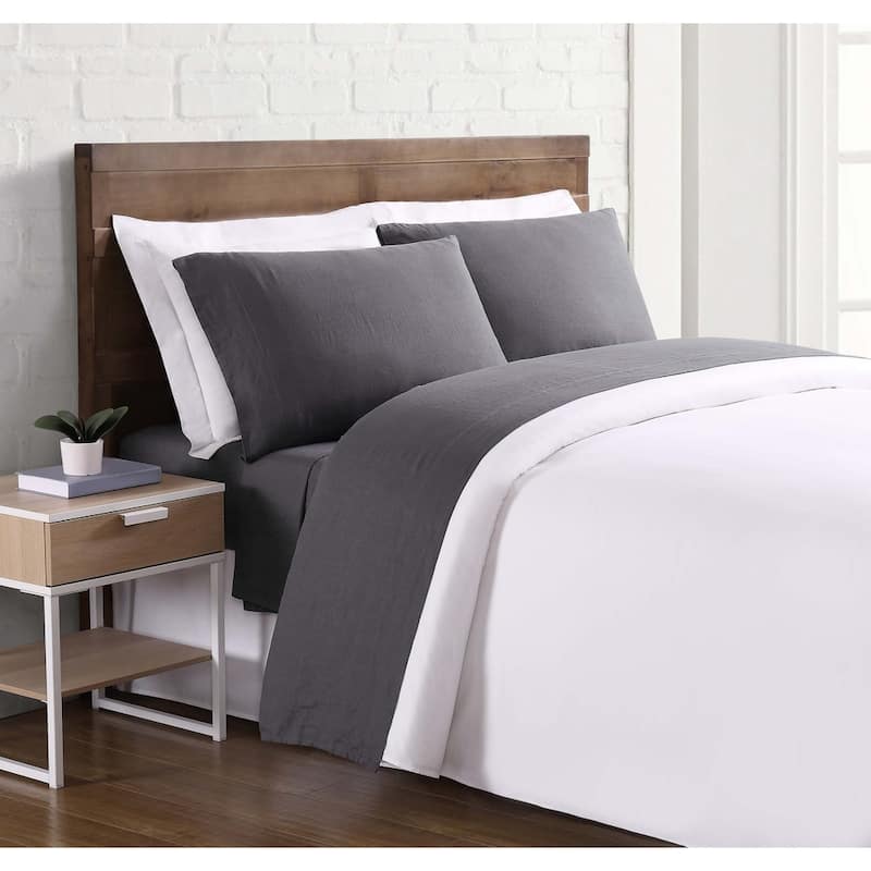 Brooklyn Loom 100% Natural Flax Linen 4-Piece Bed Sheet Set - Charcoal - King