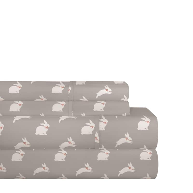 Pointehaven 200TC Cotton Percale Prints and Solids Bed Sheet Set - Queen - grey bunnies