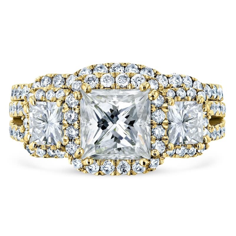 Kobelli 3.1 Carats Moissanite & Natural Diamond 14k Solid Gold Princess Triple Halo 3-Stone Vintage Style Helena Bridal Set