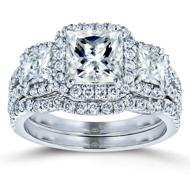 Kobelli 3.1 Carats Moissanite & Natural Diamond 14k Solid Gold Princess Triple Halo 3-Stone Vintage Style Helena Bridal Set