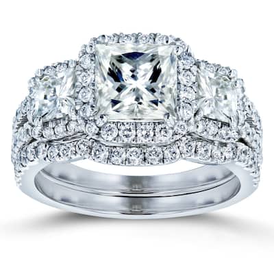 Kobelli 3.1 Carats Moissanite & Natural Diamond 14k Solid Gold Princess Triple Halo 3-Stone Vintage Style Helena Bridal Set