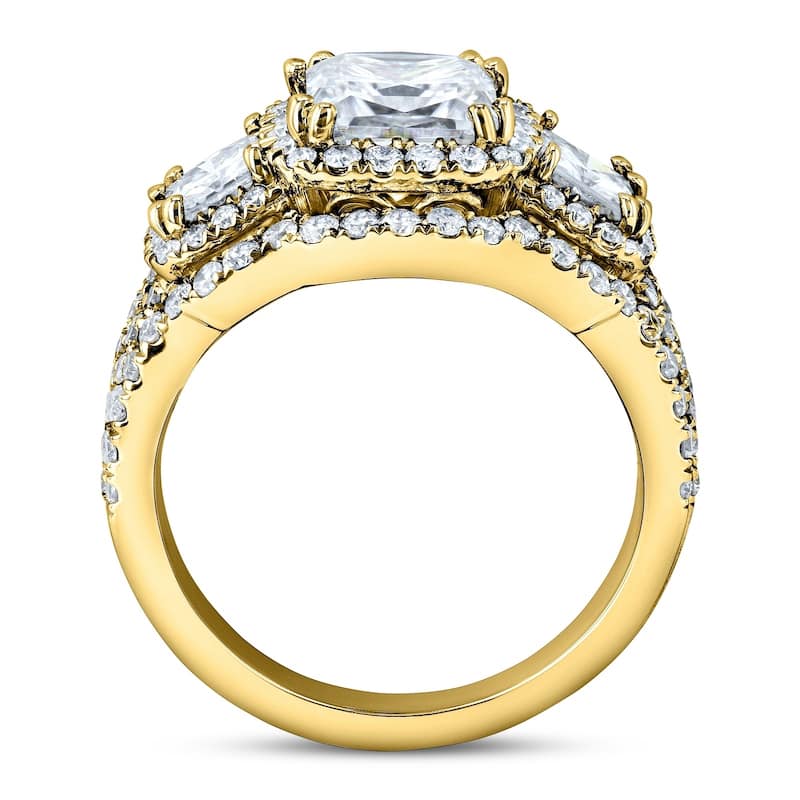 Kobelli 3.1 Carats Moissanite & Natural Diamond 14k Solid Gold Princess Triple Halo 3-Stone Vintage Style Helena Bridal Set