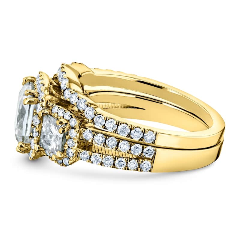 Kobelli 3.1 Carats Moissanite & Natural Diamond 14k Solid Gold Princess Triple Halo 3-Stone Vintage Style Helena Bridal Set