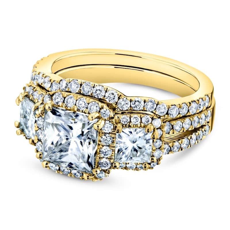 Kobelli 3.1 Carats Moissanite & Natural Diamond 14k Solid Gold Princess Triple Halo 3-Stone Vintage Style Helena Bridal Set