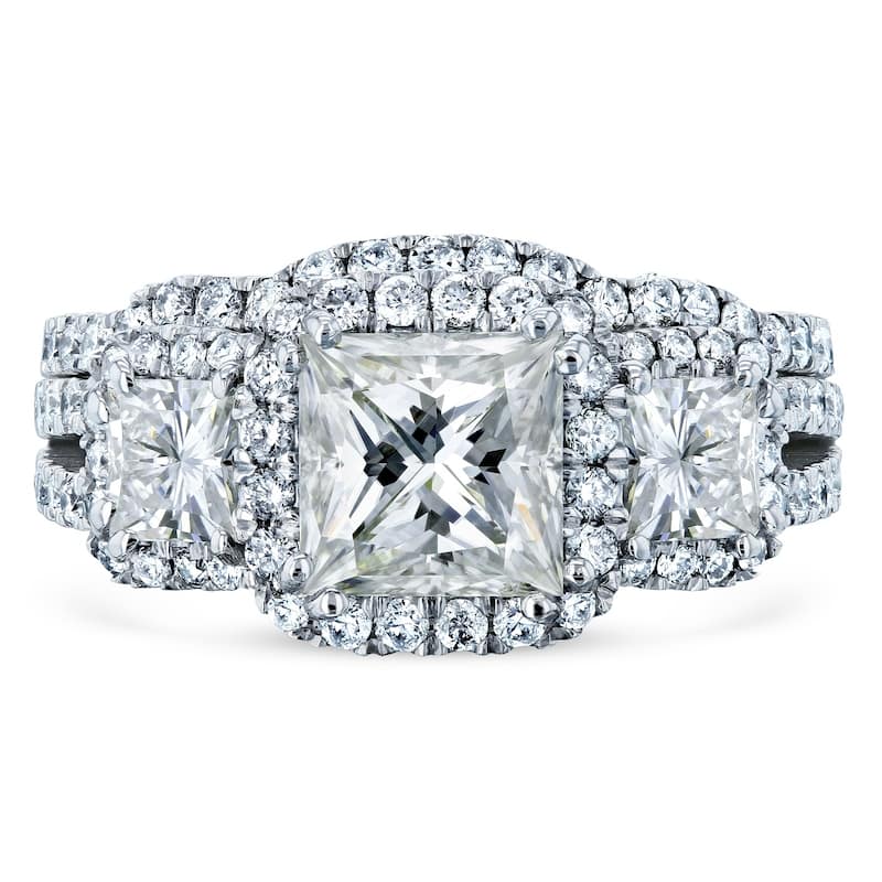 Kobelli 3.1 Carats Moissanite & Natural Diamond 14k Solid Gold Princess Triple Halo 3-Stone Vintage Style Helena Bridal Set
