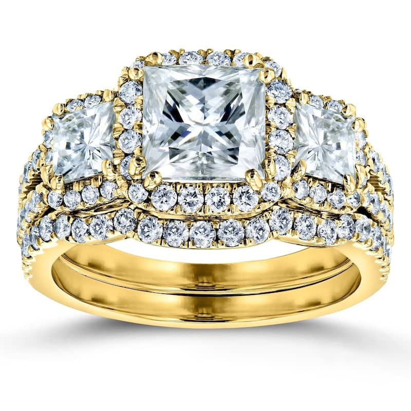 Kobelli 3.1 Carats Moissanite & Natural Diamond 14k Solid Gold Princess Triple Halo 3-Stone Vintage Style Helena Bridal Set
