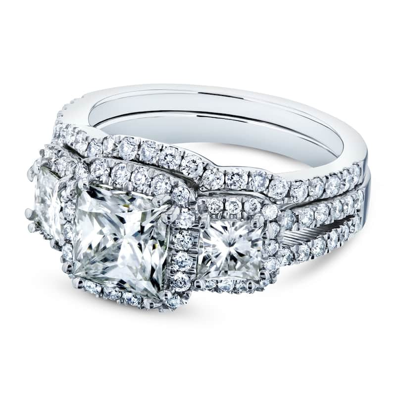 Kobelli 3.1 Carats Moissanite & Natural Diamond 14k Solid Gold Princess Triple Halo 3-Stone Vintage Style Helena Bridal Set