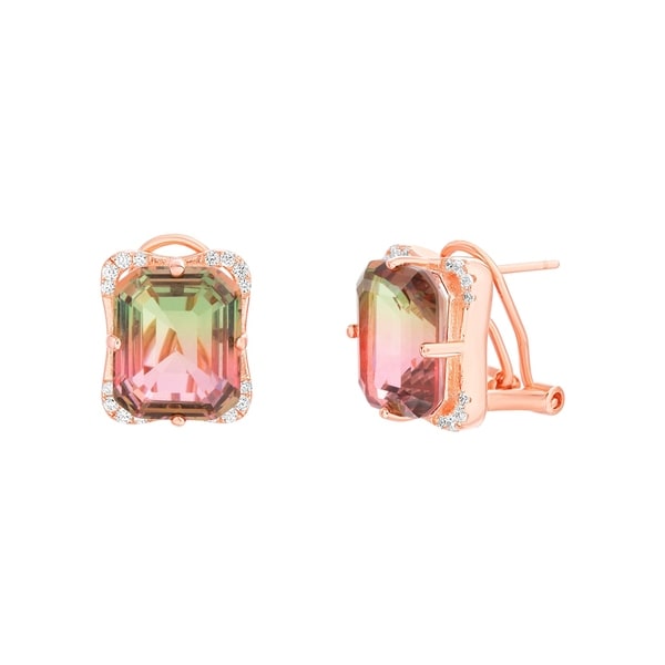 Lesa Michele Simulated Watermelon Tourmaline Emerald Cut Cubic Lesa Michele Simulated Watermelon Tourmaline Emerald Cut Cubic Zirconia Earring In 14k Rose Gold Over Sterling