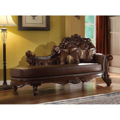 Elegant Wooden Chaise with 2 Pillows, Cherry Brown