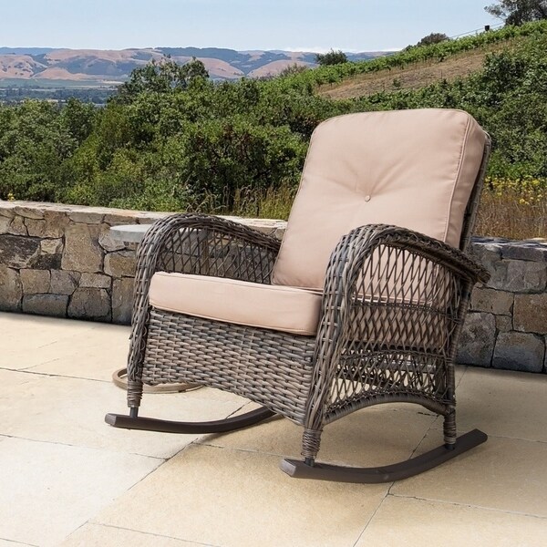 Patio Lawn Garden Rocking Chairs Corvus Salerno Outdoor Wicker Rocking Chair With Cushions Brown