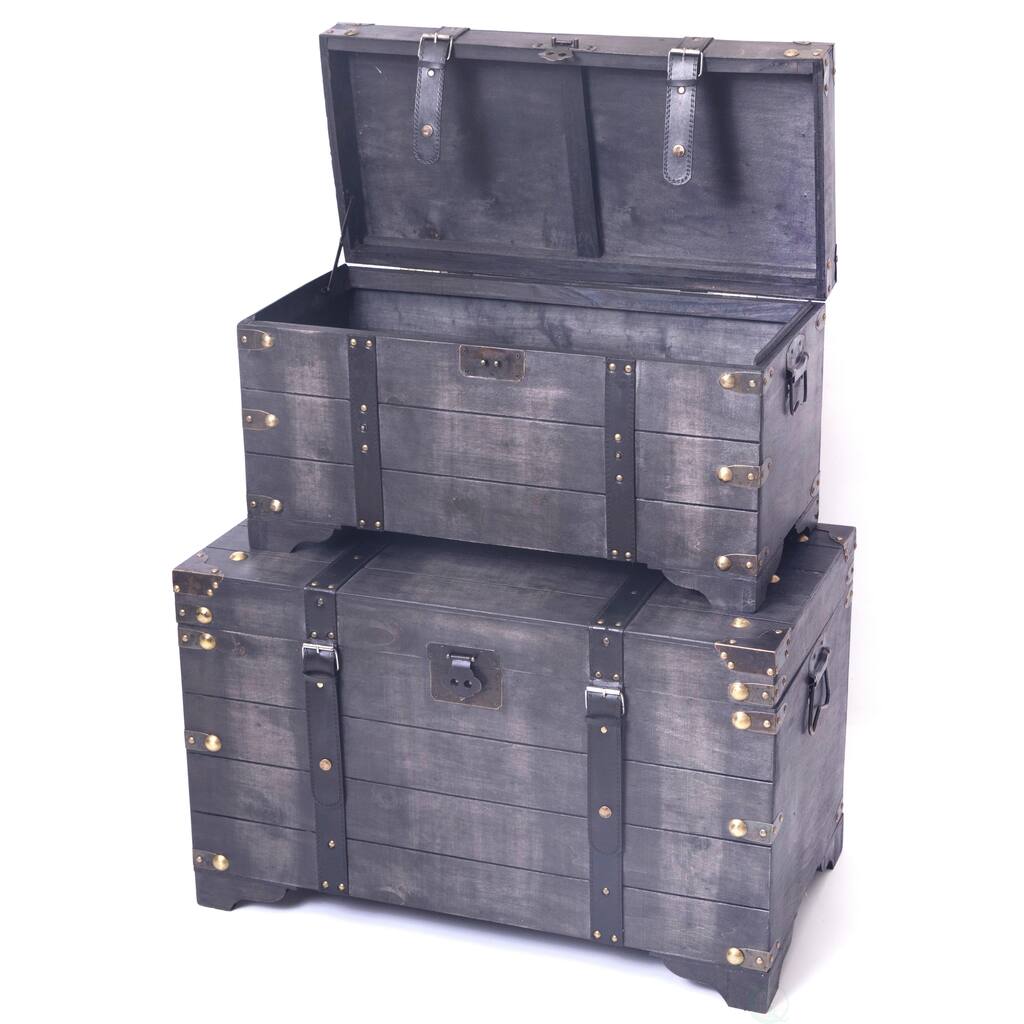 Distressed Black Large Wooden Storage Trunk Coffee Table Set of 2