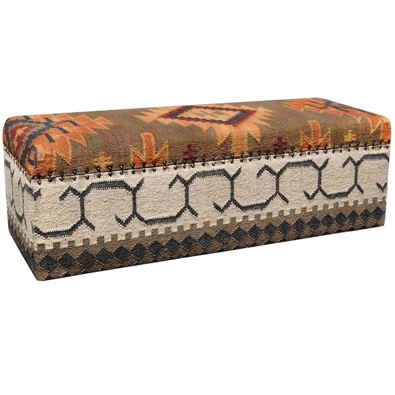 Handmade Indo Tribal Kilim Upholstered Storage Ottoman (India)